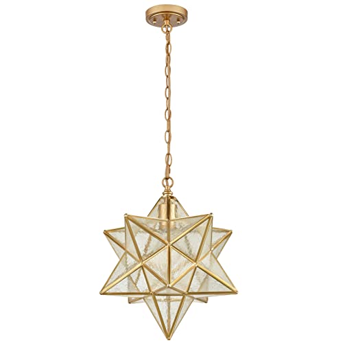 Image of DAYCENT Brass Moravian Star Pendant Lighting Seeded Glass Pendant Lights 13 1 /2 inches