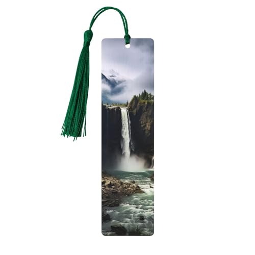 木製しおり メンズ レディース ノベルティ ギャグ 山と滝 ブック愛好家向け ユニークなハンドメイドブックマーク タッセルペンダント付き クラフトブックマークアクセサリー