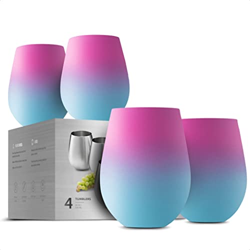 FineDine Stainless Steel Unbreakable Wine Glasses - 18 Oz Set of 4 Wine glasses. Premium Grade 18/8 Stainless Steel Red & White Stemless Wine Glasses set, (Pacific Blue Rose Blend)