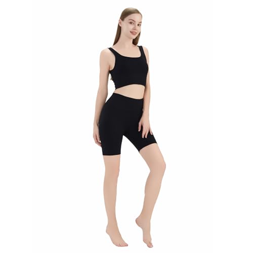 Conjunto feminino de duas peças para ioga e treino com short legging de cintura alta, Preto, Large