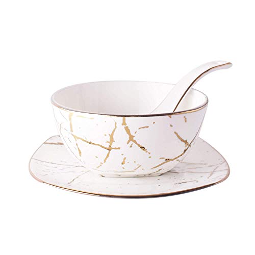 Image of Bone China Classic Abstract Luxe Gold Soup Bowl with Spoon and Saucer - 200 ml, Set of 18 / White Gold