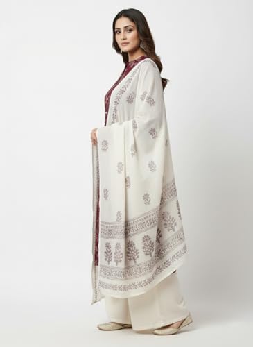 Image of Yash Gallery Women's Pure Cotton White Floral Rubber Print A-line Kurta Pant Set with Dupatta with Fancy Front Buttons, One Side Functional Pocket