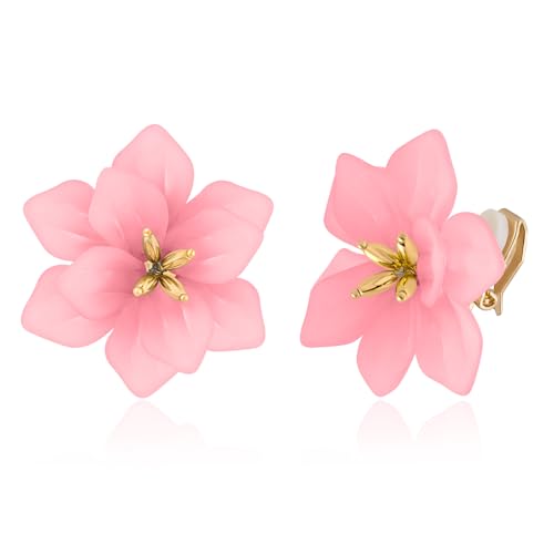 LAXPICOL Fashion Big Flower Clip On Earrings For Women Cute Lovely Acrylic Pink Flower Earrings No piercing Earrings 2.36