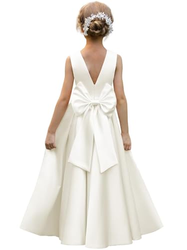 Satin Flower Girl Dresses for Wedding Floor Length Backless Princess Pageant Dress with Bow Pearls Proms Ball Gowns