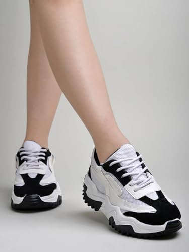 Image of Chunky Platform Sneakers for Women Colorblock || Lace-Up Athletic Shoes with Wavy Sole Design Casual and Party