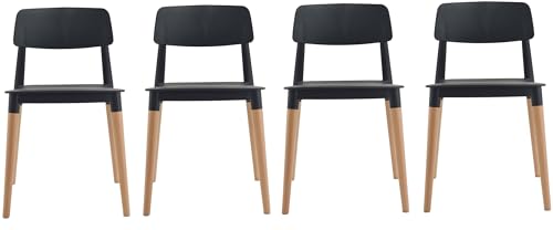 Image of Finch Fox Bella Molded ABS Plastic with Wood & American Mid-Century Styling Armless Side Dining Chairs for Home, Cafe, Restaurents, Living Room Chair in Black Color (Set of 4)