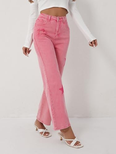 Women's High Waisted Pink Denim Jeans with Star Embellishments Flared Leg Casual Fashion3
