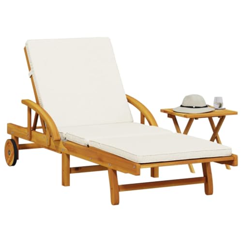 JHQHSM Tumbona de madera maciza de acacia con cojín y mesa auxiliar, respaldo ajustable en 5 posiciones, cojines acolchados, fundas extraíbles, mesa plegable, ruedas