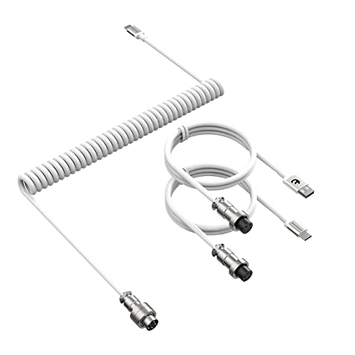 Custom C04 2 in 1 Coiled USB C Cable,USB-A to Type-C/Type-C to Type-C with 5 Pin Detachable Metal Aviation Plug,Double Sleeve Spiral Extendable TPU Cable for PC/Keyboard/Xbox/Mouse/Pad/Phone-White