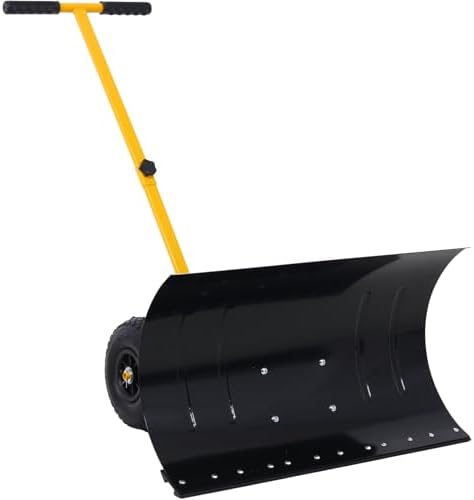 Snow Shovel with Wheels, 29″ Snow Pusher with Adjustable Angle Handle Snow Removal Tool Metal Snow Plow Shovel with 10″ Wheels Snow Clean Tool for Garden Driveway or Pavement Yellow