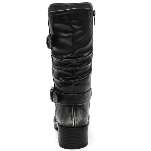 Image of GLOBALWIN Chunky Mid Calf Fashion Dressy Motocycle Biker Military Style Combat Boots for Women Low Heel