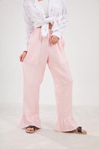 Image of codcm Womens Gingham Pants Wide Leg Lounge Pants Y2k Plaid Print Ruffle Hem Loose Trouser