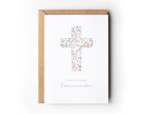10 Einladungskarten Kommunion Blumen Kreuz mit Umschlägen Boho Einladungen Erstkommunion floral zum Ausfüllen Einladung Pastell Heilige Kommunion Mädchen (Einladung Kommunion Kreuz floral)