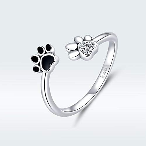 Cute Puppy Dog Cat Pet Paw Print Ring Sterling Silver 925 for Women Girls Adjustable Fake CZ Diamond Animal Footprint Finger Wrap Band Promise Engagement Rings Fashion Jewelry Gifts