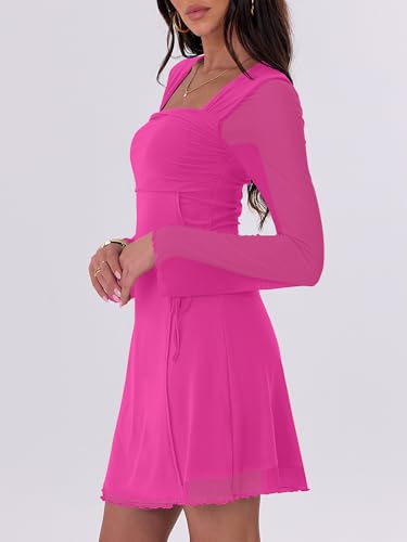 Image of Caracilia Womens Sexy Mesh Ruched Mini Dresses Long Sleeve Square Neck Tie Fall Club Party Cocktail Short Dress 2026 Fashion