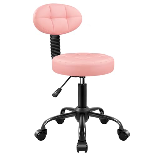 BFTOU Round Stool with Back for Work SPA Shop Home Massage Height Adjustable Swivel Stool Chair with Wheels (Pink)