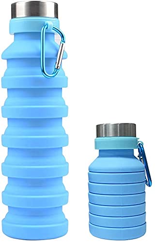 Image of we3 Collapsible Water Bottle, 550ml Reusable Silicone Light Water Bottles for Travel Outdoor Portable Leakproof Drinking Bottles with Carabiner (Blue, Pack of 1)