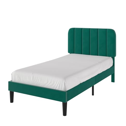 Image of VECELO Twin Size Bed Frame with Upholstered Headboard, Velvet Platform Bedframe Mattress Foundation, Strong Wood Slat Support, No Box Spring Needed,Green