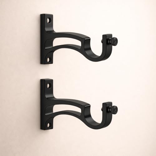 Image of Elite Aluminum Curtain Rod Brackets - Heavy-Duty Wall Mount Clamps for Curtain Rod Support for Door and Window Curtain Rods with Screw and Wall Plug - Pack of 2PCS (Black ARC)