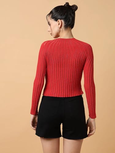 Image of ICW Women Knitted Rhinestone Embellised Daimond Studded Mesh Round Neck Long Sleeve Crop Top T-Shirt 206