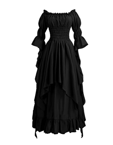 Bichingda Disfraces renacentistas para mujer, vestido victoriano de manga abullonada con hombros descubiertos y volantes medievales