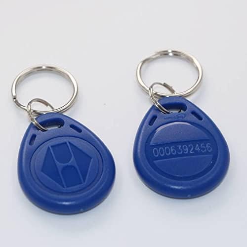 Two blue XCRFID EM4100 TK4100 proximity ID key fobs with silver key rings, showing the front and back with a laser-printed ID number.