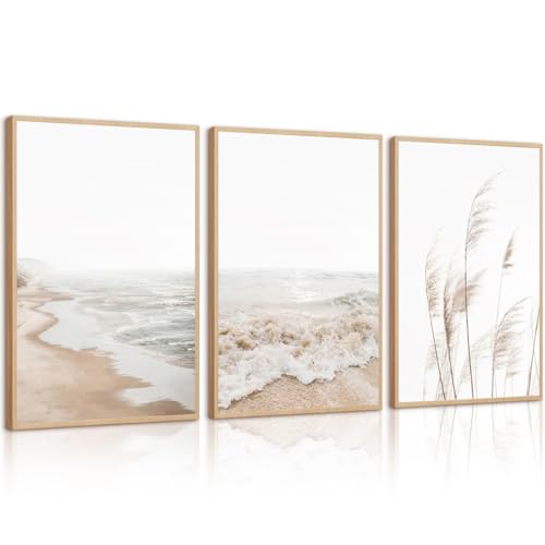 Beach Coastal Wall Art Decor Boho Ocean Pictures Neutral Beach Canvas Wall Decor Beachy Prints Coastal Artwork Painting Pampas Grass Poster for Bedroom Living Room 8x10 Inch Unframed Set of 3