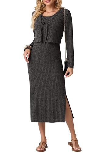GRECERELLE Damen Strickkleid Strickjacke 2-teiliges Strick-Set : Midi Winterkleid Lang mit Spaghettiträgern & Seitenschlitz + Kurz geschnittenes Cardigan mit Bindegürtel und Langarm (Dunkelgrau L)