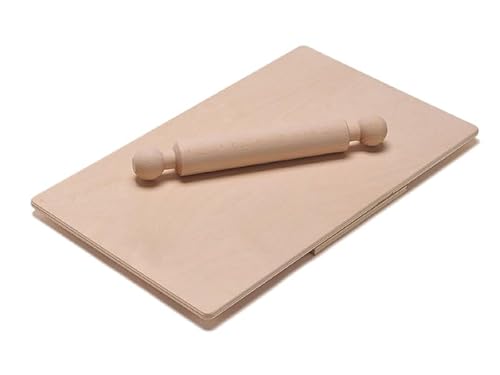 Spianatoia grande con Fermo per il piano di lavoro, in Legno di Betulla Naturale per Impastare stendere la sfoglia Pane Pizza Dolci Pasta fatti in casa 50x30 cm + mattarello 28 cm