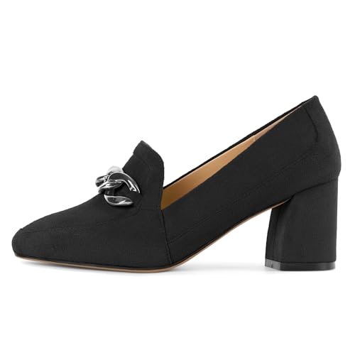 Image of Women Square Toe Pumps Loafers with Metal Buckle Low Heel Shoes Chunky Block Heel Pumps Daily Casual Heels Black Suede Leather US Size 7.5