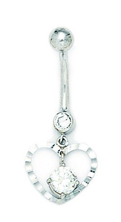 14K White Gold Cz Cubic Zirconia Simulated Diamond 14 Gauge Dangling Love Heart Body Jewelry Belly Ring Measures 32X13Mm Jewelry Gifts For Women #TOP8