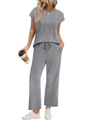 Image of Sampeel Two Piece Sets for Women Summer Vacation Outfits Cap Sleeve Tops Lounge Matching Sets Women Clothing