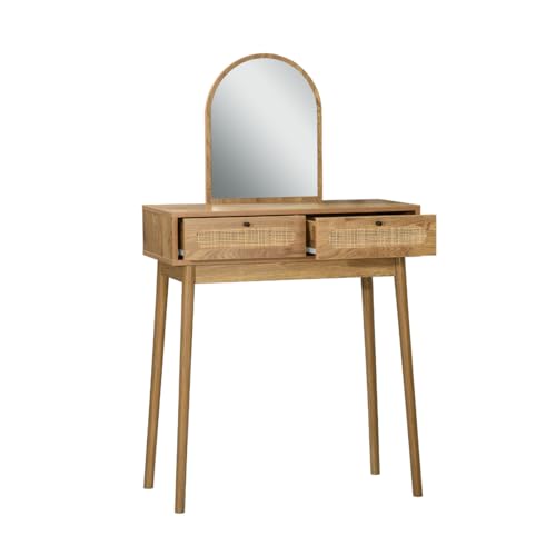 Calicosy – Coiffeuse avec Miroir et 2 Tiroirs – Façades Rotin Véritable et Boutons Métal Noir – Pieds Bois Décor Chêne – Colelction Alia – Chambre,...