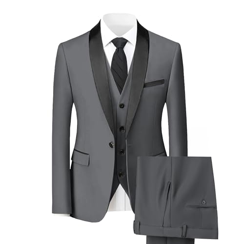 Men Suits 3 Piece Slim Fit Dark Grey Suit Tuxedo Blazer Vest Pants Shawl Lapel One Button Mens Formal Suit for Wedding Prom M