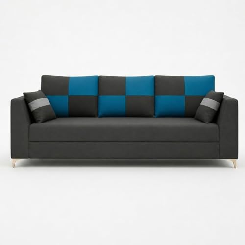 Image of FURNY Signature Cresta 3 Seater Sofa Set | Boston Fabric | 40D Foam + Zigzag Spring | 3-Yr Warranty (Ash Grey-Aqua Blue)| Modern Living Luxury Sofa Set for Home, Office & Hotel Spaces