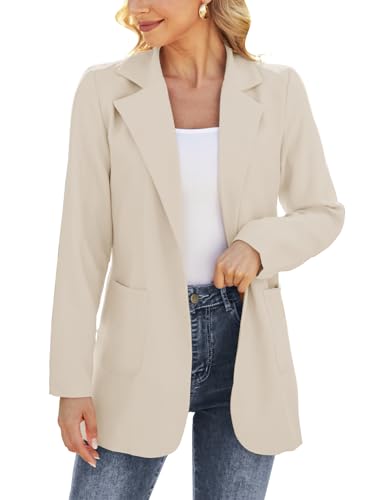 Women Open Front Blazers Long Sleeve Casual OL Office Slim Buttonless Suit Jacket with Pockets