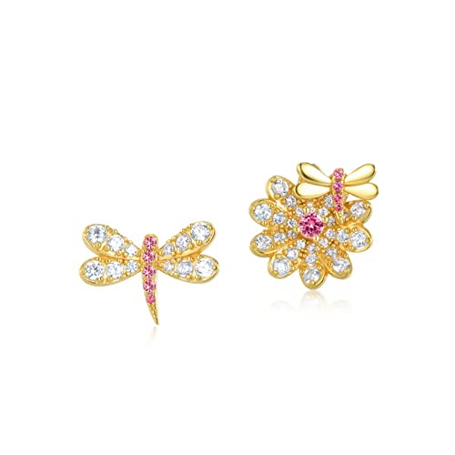 Boucles d'oreilles libellule argent 925 et plaqué or 9k asymétriques avec oxydes de zirconium