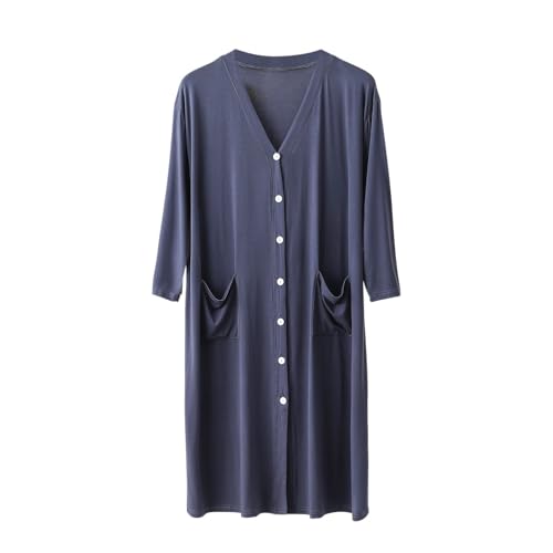 Men's V-Neck Robe 3/4 Sleeve Button Down House Coat Knee Length Bathrobe Nightgown Loungewear with Pockets4