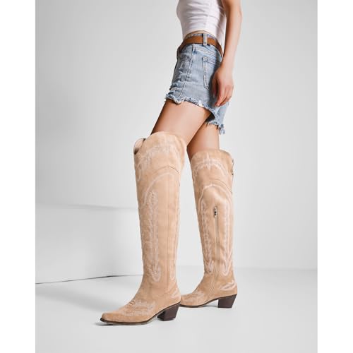 Image of olomisa Over the Knee Cowboy Boots for Women Embroidery Cowgirl Boots Chunky Heel Side Zipper Boots Thigh High Western Boots