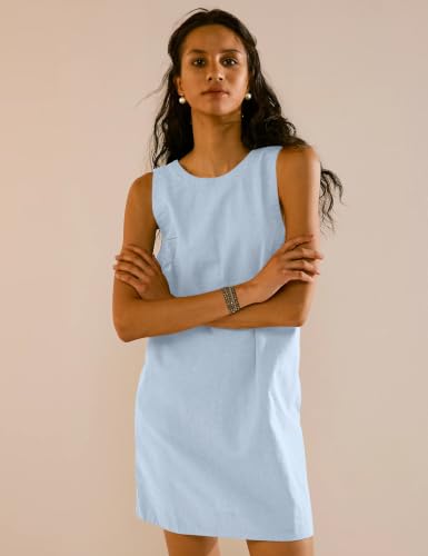 Image of VIUTIL Womens Summer Linen Mini Dress Boat Neck Low Back Sleeveless Tank Dresses with Pockets 2026 Vacation Outfits