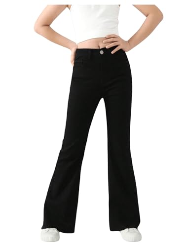SHENHE Girl's High Waisted Flare Leg Frayed Raw Hem Bell Bottom Jeans Denim Pants4