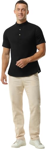 Men's Linen Cotton Blend Henley Shirt, Short Sleeve, Band Collar, Regular Fit2