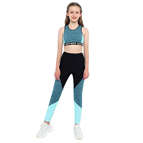 Oyolan Ensemble Sport Fille Legging Longue Collant Fitness Yoga Running Gilet Sport Débardeur Musculation Tank Top sans Manches Tenue Gymnastique Costume Danse 5-14 Ans Type B Bleu 10 Ans Cover