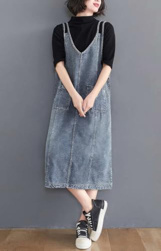 Image of ebossy Women's Sleeveless V Neck Denim Overall Jumper Dress Casual Loose Double Spaghetti Straps Midi Jean Dress