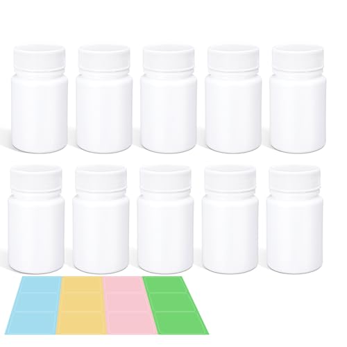 10 Pack Travel Pill Bottles - White Food Grade Plastic with Screw Caps & Labels Small Pill Organizer for Pills Vitamins Capsules
