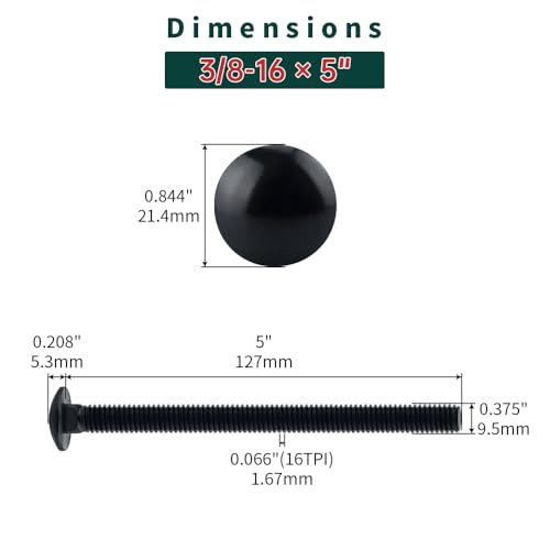 Image of 3 /8-16 x 5 Black Carriage Bolts with Nuts and Washers Kits (8 Sets), 304 Stainless Steel 18 /8, Black Finish, Round Head, Square Neck, Heavy Duty Bolts, Indoor Outdoor Fastening Bolts, Fayeploo