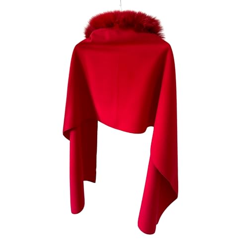 Red Women Scarf Stole Cape Wrap Trim Fox Fur, Extra Large Shawl, Winter Gift, Woolen blend Cape Scarf2