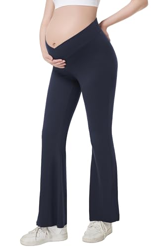 Foucome Maternity Flare Leggings Crossover Workout Yoga Pregnancy Pants Soft Stretchy Bootcut Bell Bottoms (Navy, XXL)