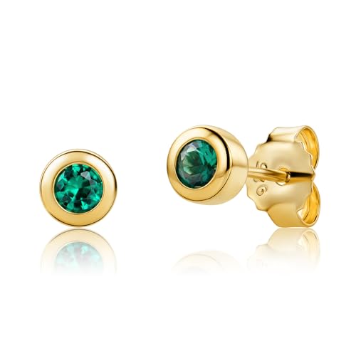 Orovi Pendientes Mujer Plata 925 Chapados Oro de 18 Quilates con Piedras Preciosas Esmeraldas Verdes, Piercing para Oreja, Dorados 4.5X4.5mm, Joyería Hipoalergénica para Mujer