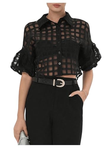 Floerns Women's Button Down Sheer Mesh Short Sleeve Collared Neck Crop Blouse Shirts Black M